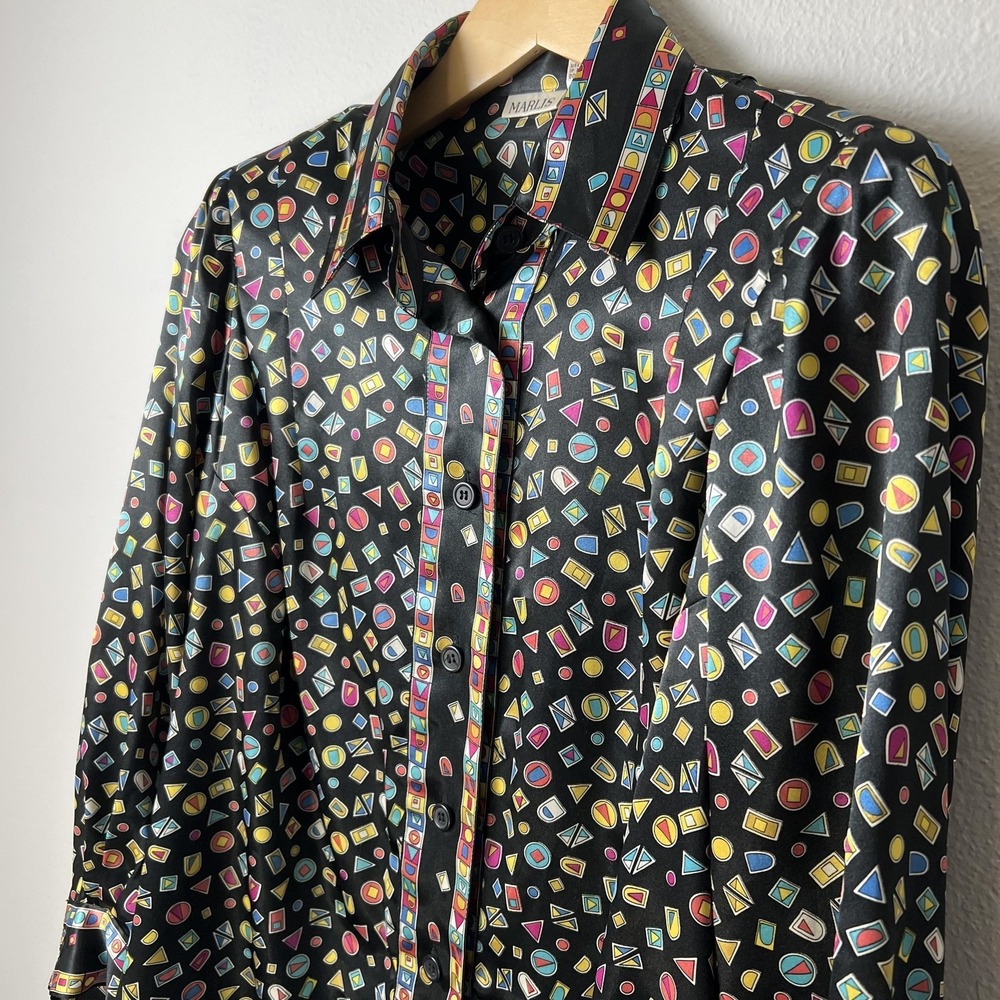 Marlis Shirt Womens 10 Black Colorful Geometric Print Button Up Long Sleeve 90s - Picture 3 of 7
